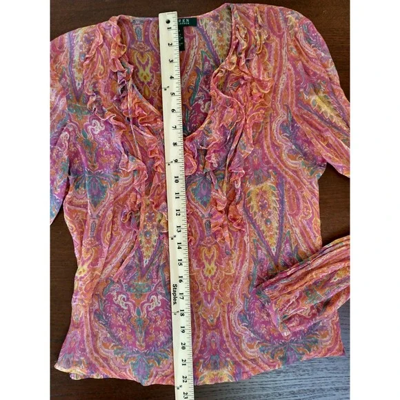 Lauren Ralph Lauren Silk Paisley Ruffle V Neck Tie Blouse Top S / P - Picture 9 of 12